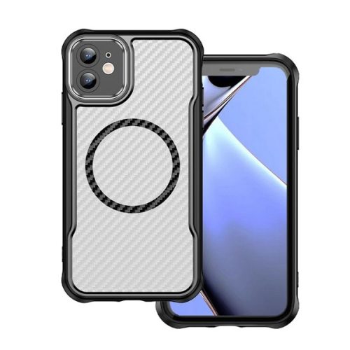 Apple iPhone 12 / 12 Pro, Szilikon tok, közepesen ütésálló, légpárnás sarok, kameravédő keret, Magsafe töltővel kompatibilis, karbon minta, fekete