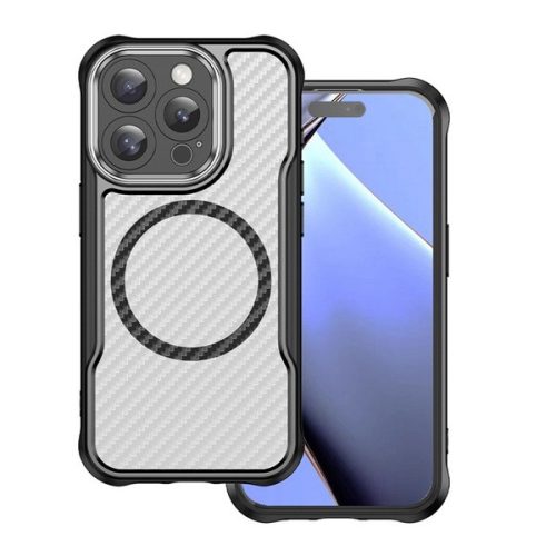Apple iPhone 15 Pro Max, Szilikon tok, közepesen ütésálló, légpárnás sarok, kameravédő keret, Magsafe töltővel kompatibilis, karbon minta, fekete