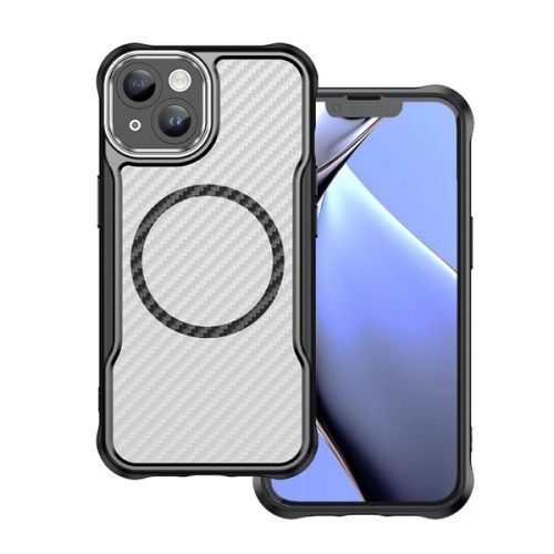 Apple iPhone 13, Szilikon tok, közepesen ütésálló, légpárnás sarok, kameravédő keret, Magsafe töltővel kompatibilis, karbon minta, fekete