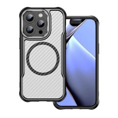   Apple iPhone 14 Pro Max, Szilikon tok, közepesen ütésálló, légpárnás sarok, kameravédő keret, Magsafe töltővel kompatibilis, karbon minta, fekete