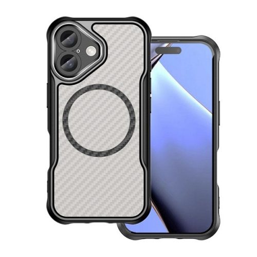 Apple iPhone 16, Szilikon tok, közepesen ütésálló, légpárnás sarok, kameravédő keret, Magsafe töltővel kompatibilis, karbon minta, fekete