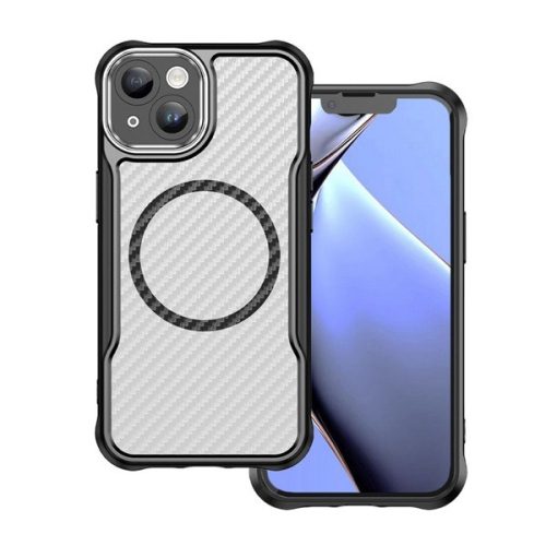 Apple iPhone 15, Szilikon tok, közepesen ütésálló, légpárnás sarok, kameravédő keret, Magsafe töltővel kompatibilis, karbon minta, fekete