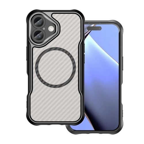 Apple iPhone 16 Plus, Szilikon tok, közepesen ütésálló, légpárnás sarok, kameravédő keret, Magsafe töltővel kompatibilis, karbon minta, fekete