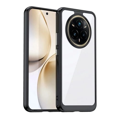 Realme 14 Pro Plus, Műanyag hátlap védőtok + szilikon keret, közepesen ütésálló, átlátszó hátlap, fekete