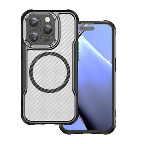 Apple iPhone 15 Pro, Szilikon tok, közepesen ütésálló, légpárnás sarok, kameravédő keret, Magsafe töltővel kompatibilis, karbon minta, fekete