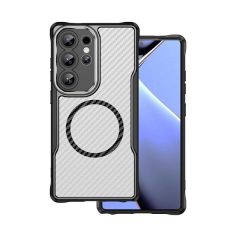   Apple iPhone 16e, Szilikon tok, közepesen ütésálló, légpárnás sarok, kameravédő keret, Magsafe töltővel kompatibilis, karbon minta, fekete