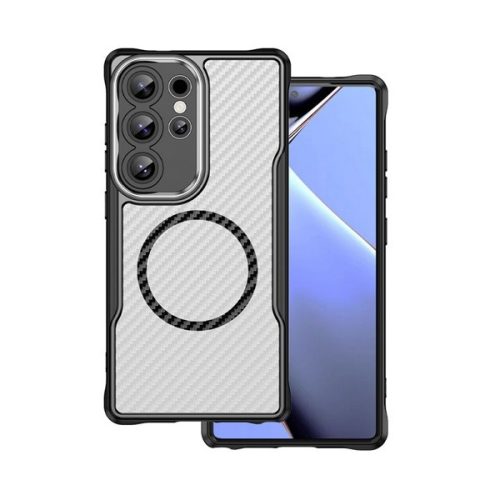 Samsung Galaxy S24 SM-S921, Szilikon tok, közepesen ütésálló, légpárnás sarok, kameravédő keret, Magsafe töltővel kompatibilis, karbon minta, fekete