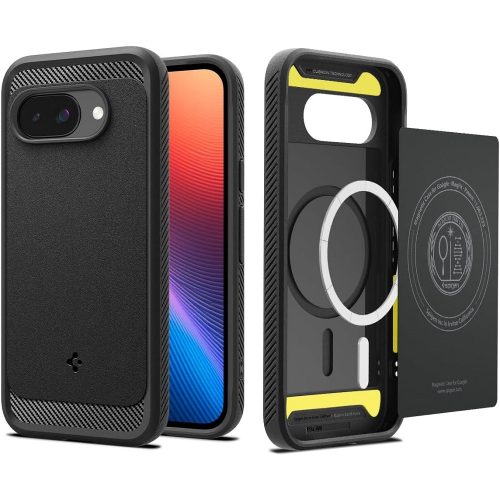 Google Pixel 9a, Szilikon tok + műanyag hátlap, közepesen ütésálló, Magsafe töltővel kompatibilis, karbon minta, Spigen Rugged Armor Mag, fekete