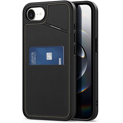 Apple iPhone 16e, Műanyag hátlap védőtok + szilikon keret, stand, bőrrel bevont hátlap, kártyatartóval, Magsafe kompatibilis, Dux Ducis Rafi II Mag, fekete