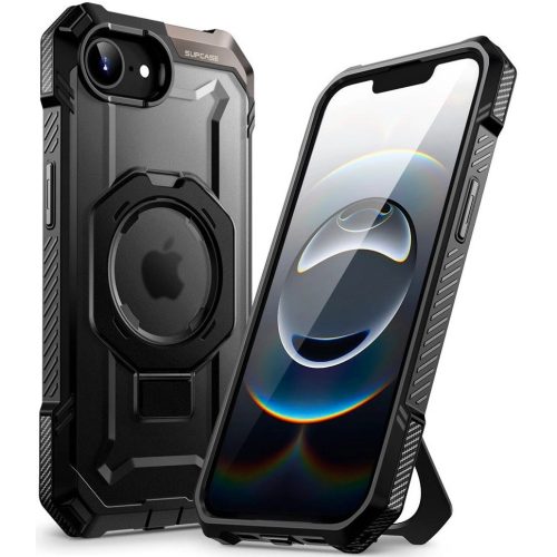 Apple iPhone 16e, Műanyag hátlap védőtok + szilikon keret, közepesen ütésálló, kitámasztóval, telefontartó gyűrű, Magsafe töltővel kompatibilis, SupCase Unicorn Beetle Grip Mag, fekete