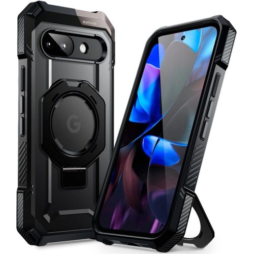 Google Pixel 9a, Műanyag hátlap védőtok + szilikon keret, közepesen ütésálló, kitámasztóval, telefontartó gyűrű, Magsafe töltővel kompatibilis, SupCase Unicorn Beetle Grip Mag, fekete