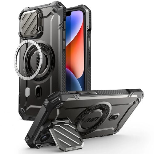 Apple iPhone 16e, Műanyag hátlap védőtok + szilikon keret, közepesen ütésálló, kamera védelem, kitámasztóval, Magsafe kompatibilis, SupCase Unicorn Beetle XT Mag, fekete