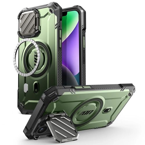 Apple iPhone 16e, Műanyag hátlap védőtok + szilikon keret, közepesen ütésálló, kamera védelem, kitámasztóval, Magsafe kompatibilis, SupCase Unicorn Beetle XT Mag, sötétzöld