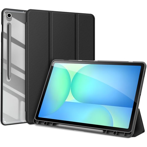 Samsung Galaxy Tab S10 FE Plus (13.1) SM-X620 / X626B, mappa tok, Trifold, légpárnás sarok, közepesen ütésálló, érintőceruza tartó, átlátszó hátlap, Dux Ducis Toby, fekete