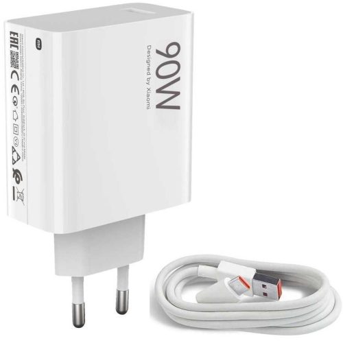 Hálózati töltő adapter, 90W, USB aljzat, USB Type-C kábellel, gyorstöltés, Xiaomi Hypercharge Combo, fehér, gyári