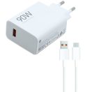 Hálózati töltő adapter, 90W, USB aljzat, USB Type-C kábellel, gyorstöltés, Xiaomi Hypercharge Combo, fehér, gyári