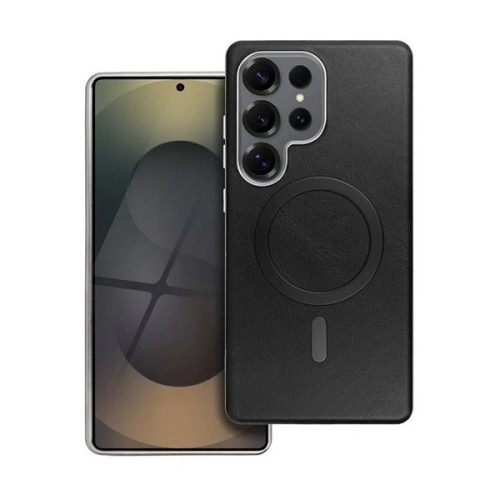 Samsung Galaxy S25 Ultra SM-S938, Szilikon tok, ECO bőrhatású hátlap, fém hátsó kamera keret, Magsafe töltővel kompatibilis, fekete