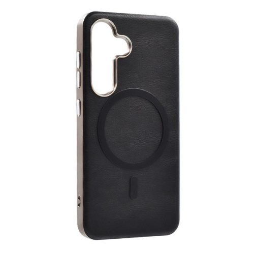 Samsung Galaxy S25 SM-S931, Szilikon tok, ECO bőrhatású hátlap, fém hátsó kamera keret, Magsafe töltővel kompatibilis, fekete