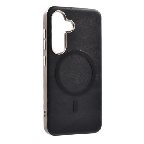 Samsung Galaxy A36 5G SM-A366B, Szilikon tok, ECO bőrhatású hátlap, fém hátsó kamera keret, Magsafe töltővel kompatibilis, fekete