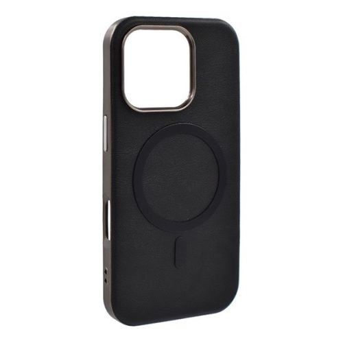 Apple iPhone 16 Pro Max, Szilikon tok, ECO bőrhatású hátlap, fém hátsó kamera keret, Magsafe töltővel kompatibilis, fekete