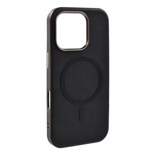 Apple iPhone 16 Pro, Szilikon tok, ECO bőrhatású hátlap, fém hátsó kamera keret, Magsafe töltővel kompatibilis, fekete