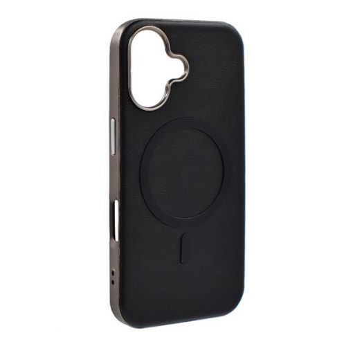 Apple iPhone 16, Szilikon tok, ECO bőrhatású hátlap, fém hátsó kamera keret, Magsafe töltővel kompatibilis, fekete