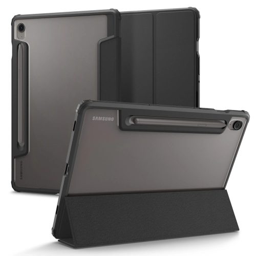 Samsung Galaxy Tab S9 FE (10.9) / Tab S10 FE (10.9) SM-X510 / X516B / X520 / X526, mappa tok, légpárnás sarok, közepesen ütésálló, érintőceruza tartóval, Trifold, Spigen Ultra Hybrid Pro, átlátszó/fekete