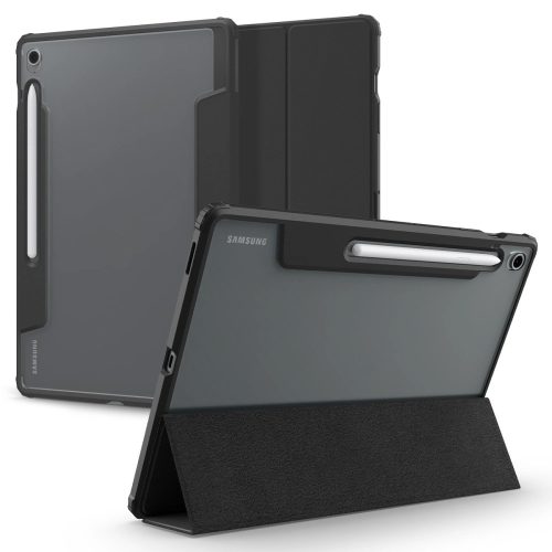 Samsung Galaxy Tab S10 FE Plus (13.1) SM-X620 / X626B, mappa tok, légpárnás sarok, közepesen ütésálló, érintőceruza tartóval, Trifold, Spigen Ultra Hybrid Pro, átlátszó/fekete