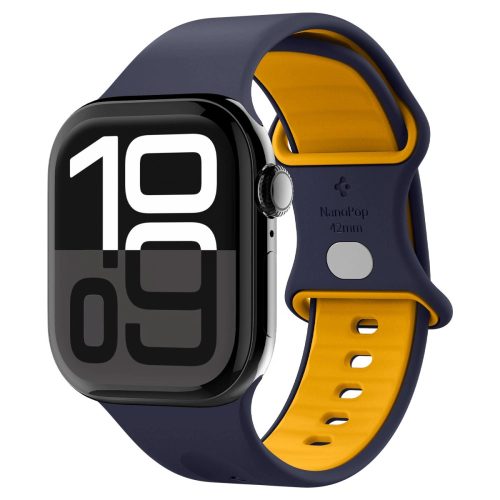 Apple Watch 4-6, SE, SE (2022) (38 / 40 mm) / Watch 7-9 (41 mm) / Watch 10 (42 mm), szilikon pótszíj, állítható, Spigen Nano Pop, sötétkék/sárga