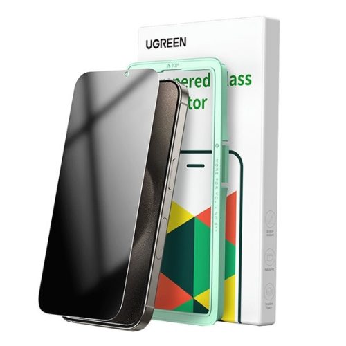 Apple iPhone 16 Pro Max, Kijelzővédő fólia, ütésálló fólia (az íves részre is!), Tempered Glass (edzett üveg), betekintés elleni védelem, UGreen, fekete