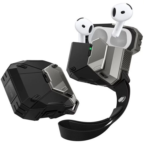 Bluetooth fülhallgató töltőtok tartó, műanyag + szilikon, Magsafe kompatibilis, mágneses záródás, kézpánttal, Apple AirPods 4 kompatibilis, Supcase Matrix, fekete