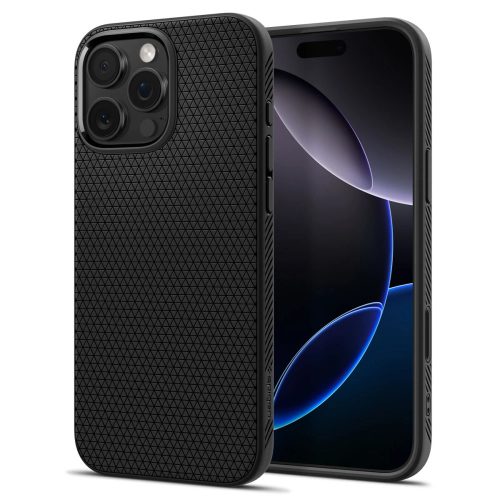 Apple iPhone 16 Pro, Szilikon tok, Magsafe töltővel kompatibilis, háromszög minta, érintő funkciós gombfedéllel, Spigen Liquid Air "T" Mag, fekete