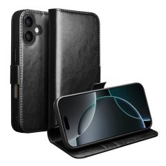   Apple iPhone 17, Oldalra nyíló tok, valódi bőrtok, Qialino, fekete