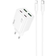   Hálózati töltő adapter, 30W, 2 x USB aljzat, 2 x USB Type-C aljzat, USB Type-C - Lightning kábellel, gyorstöltés, PD, GaN, QC 3.0, Hoco N56 Fundador, fehér