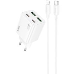   Hálózati töltő adapter, 30W, 2 x USB aljzat, 2 x USB Type-C aljzat, USB Type-C - Lightning kábellel, gyorstöltés, PD, GaN, QC 3.0, Hoco N56 Fundador, fehér