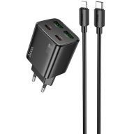   Hálózati töltő adapter, 30W, 2 x USB aljzat, 2 x USB Type-C aljzat, USB Type-C - Lightning kábellel, gyorstöltés, PD, GaN, QC 3.0, Hoco N56 Fundador, fekete