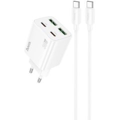   Hálózati töltő adapter, 30W, 2 x USB aljzat, 2 x USB Type-C aljzat, USB Type-C - USB Type-C kábellel, gyorstöltés, PD, GaN, QC 3.0, Hoco N56 Fundador, fehér