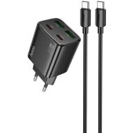   Hálózati töltő adapter, 30W, 2 x USB aljzat, 2 x USB Type-C aljzat, USB Type-C - USB Type-C kábellel, gyorstöltés, PD, GaN, QC 3.0, Hoco N56 Fundador, fekete