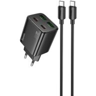   Hálózati töltő adapter, 30W, 2 x USB aljzat, 2 x USB Type-C aljzat, USB Type-C - USB Type-C kábellel, gyorstöltés, PD, GaN, QC 3.0, Hoco N56 Fundador, fekete
