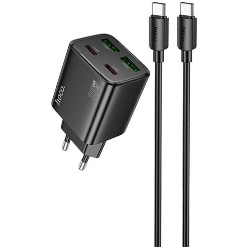 Hálózati töltő adapter, 30W, 2 x USB aljzat, 2 x USB Type-C aljzat, USB Type-C - USB Type-C kábellel, gyorstöltés, PD, GaN, QC 3.0, Hoco N56 Fundador, fekete