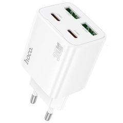   Hálózati töltő adapter, 30W, 2 x USB aljzat, 2 x USB Type-C aljzat, gyorstöltés, PD, GaN, QC 3.0, Hoco N56 Fundador, fehér
