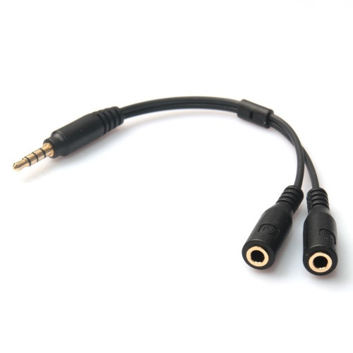 Audió adapter kábel, 3,5 mm jack dugó és 1 x jack aljzat, 1 x mikrofon aljzat, 10 cm, fekete