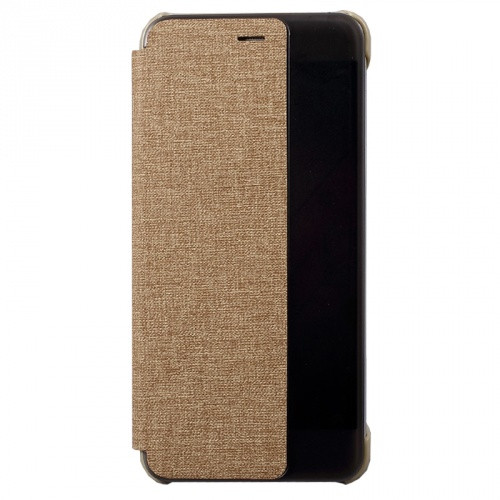 Huawei P10, Oldalra nyíló tok, hívás mutatóval, textil bevonat, világosbarna