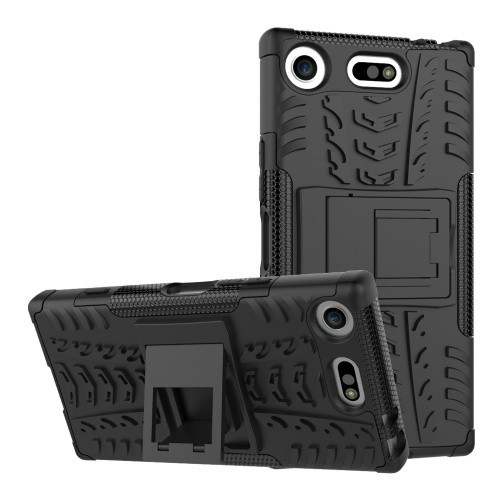 Sony Xperia XZ1 Compact, Műanyag hátlap védőtok, Defender, kitámasztóval és szilikon belsővel, autógumi minta, fekete