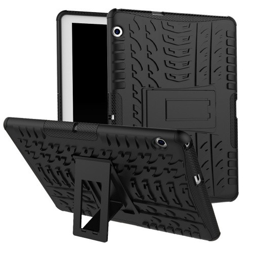 Huawei Mediapad T3 10.0, Műanyag hátlap védőtok, Defender, kitámasztóval és szilikon belsővel, autógumi minta, fekete
