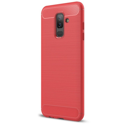 Samsung Galaxy A6 Plus (2018) SM-A605F, TPU szilikon tok, közepesen ütésálló, szálcsiszolt, karbon minta, piros