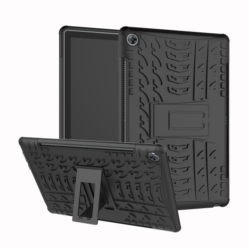 Huawei Mediapad M5 10.8 / M5 Pro 10.8, Műanyag hátlap védőtok, Defender, kitámasztóval és szilikon belsővel, autógumi minta, fekete