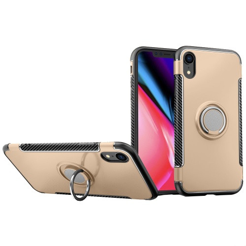 Apple iPhone XR, Műanyag hátlap védőtok, szilikon keret, telefontartó gyűrű, karbon minta, arany