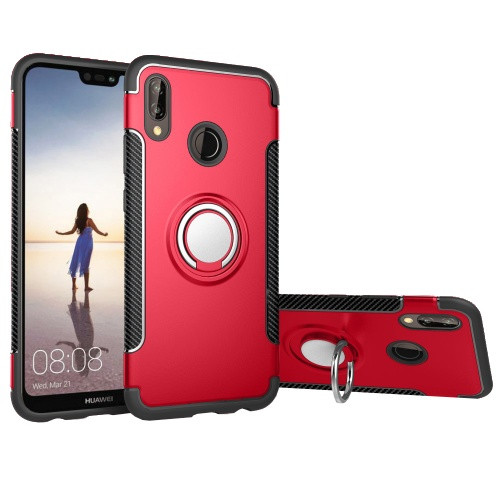 Huawei P20 Lite, Műanyag hátlap védőtok, szilikon keret, telefontartó gyűrű, karbon minta, piros