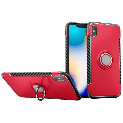 Apple iPhone XS Max, Műanyag hátlap védőtok, szilikon keret, telefontartó gyűrű, karbon minta, piros